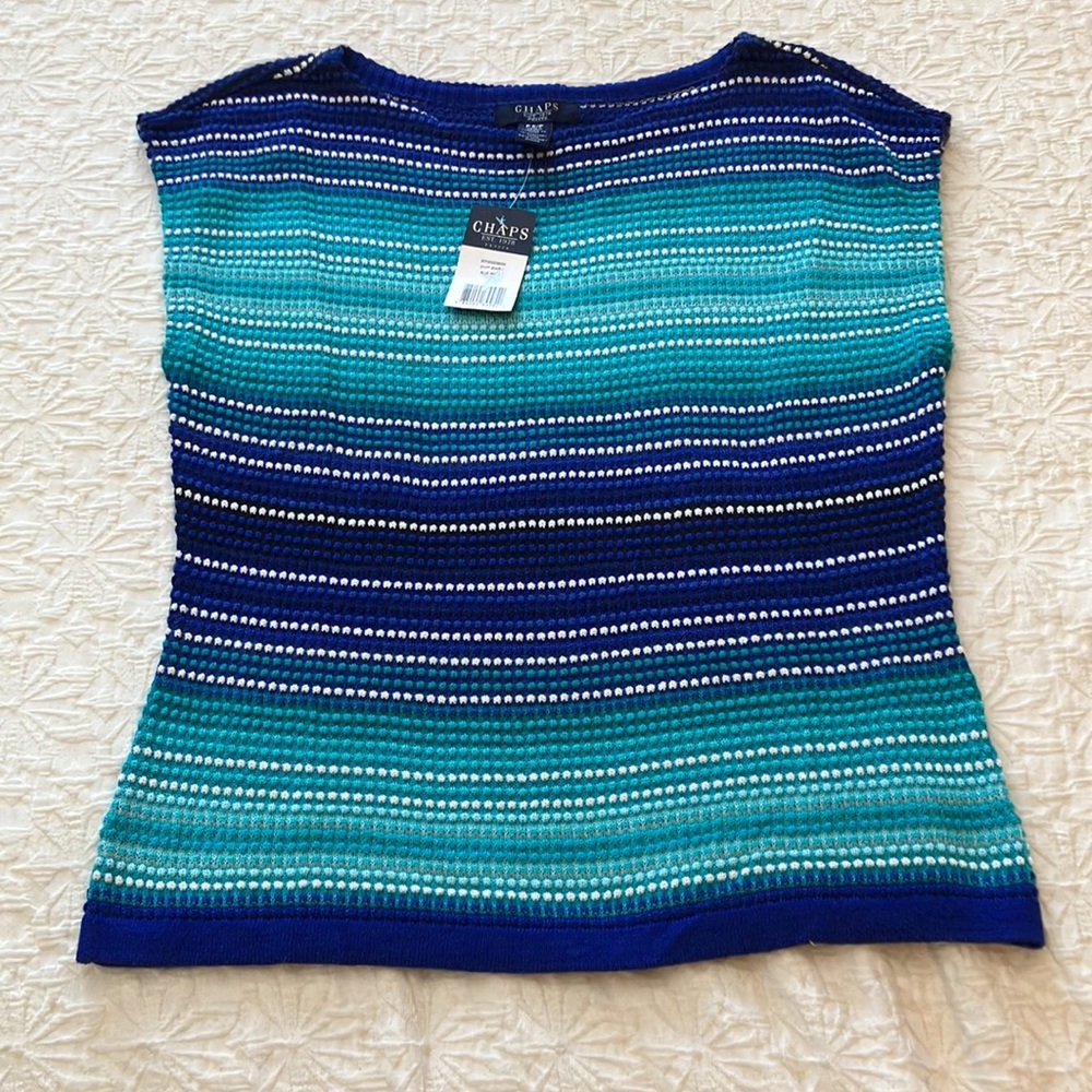 Chaps knit sleeveless top with rounded neckline in  shades of teal blue & white
